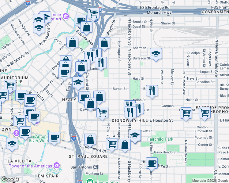 map of restaurants, bars, coffee shops, grocery stores, and more near 627 North Mesquite Street in San Antonio