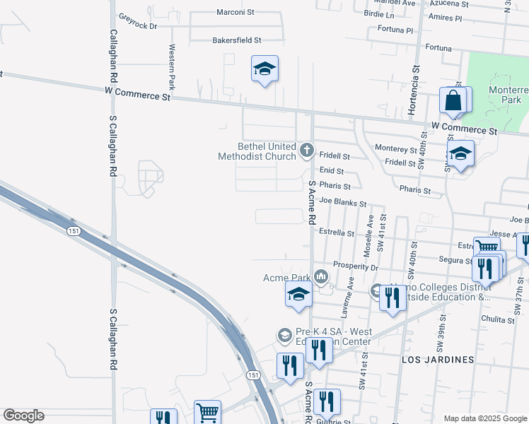 map of restaurants, bars, coffee shops, grocery stores, and more near 4230 Volcano Way in San Antonio