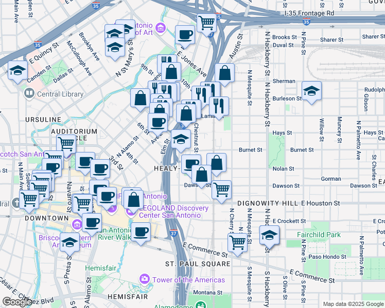 map of restaurants, bars, coffee shops, grocery stores, and more near 228 Burnet Street in San Antonio