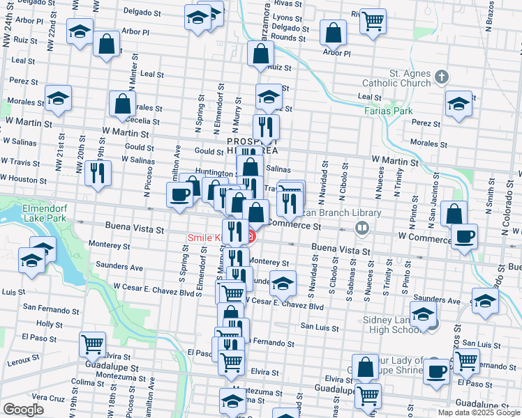 map of restaurants, bars, coffee shops, grocery stores, and more near 2806 West Houston Street in San Antonio