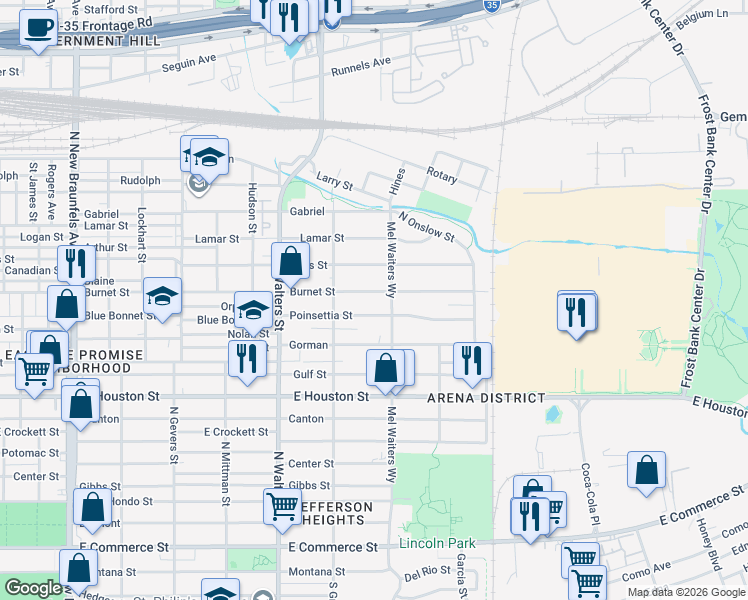 map of restaurants, bars, coffee shops, grocery stores, and more near 939 Poinsettia Street in San Antonio