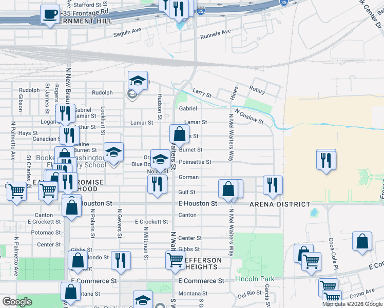 map of restaurants, bars, coffee shops, grocery stores, and more near 2120 Burnet Street in San Antonio