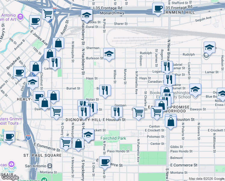 map of restaurants, bars, coffee shops, grocery stores, and more near 932 Burnet Street in San Antonio