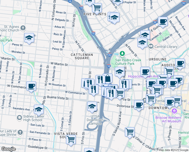 map of restaurants, bars, coffee shops, grocery stores, and more near 233 North Pecos La Trinidad in San Antonio