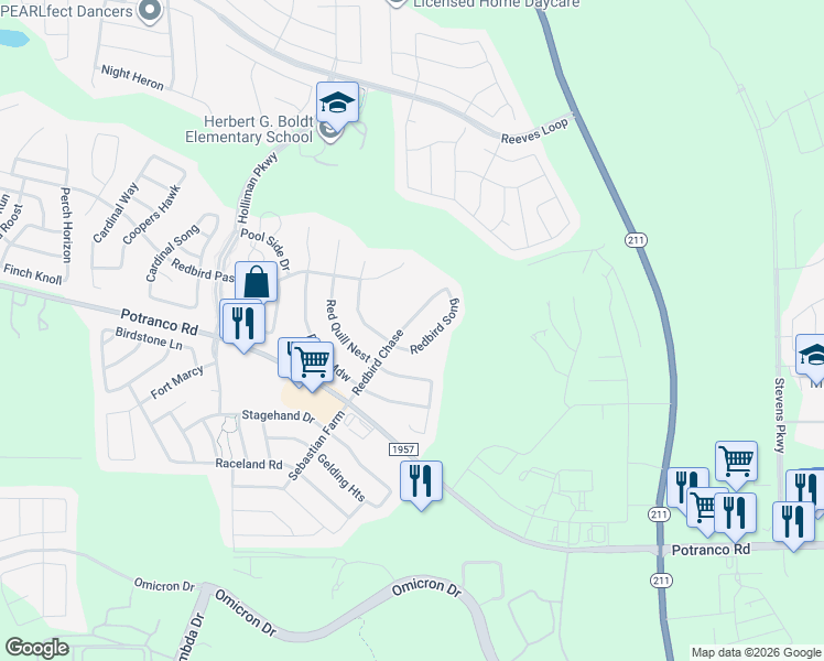 map of restaurants, bars, coffee shops, grocery stores, and more near 346 Redbird Song in San Antonio
