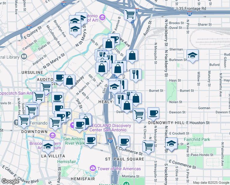 map of restaurants, bars, coffee shops, grocery stores, and more near 206 Burnet Street in San Antonio
