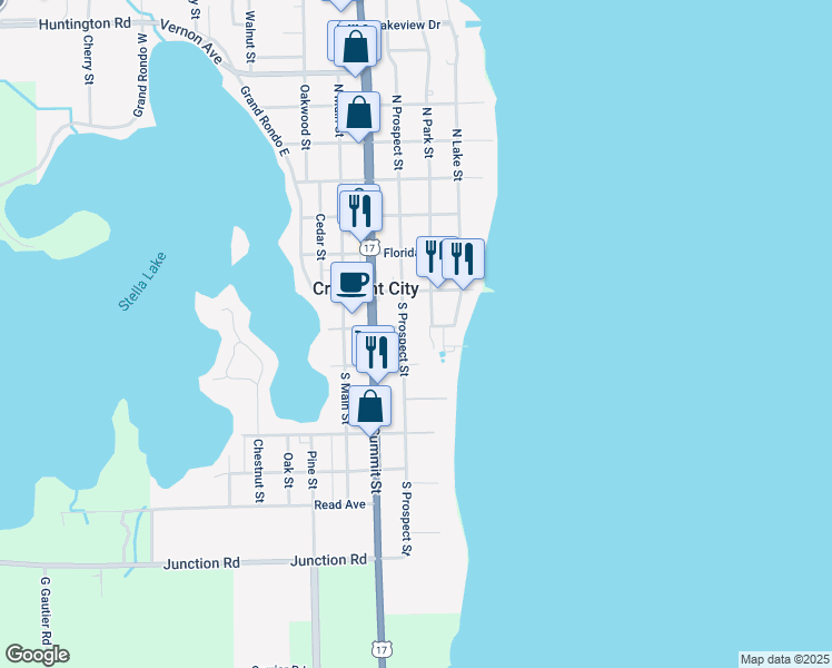 map of restaurants, bars, coffee shops, grocery stores, and more near 101 South Prospect Street in Crescent City