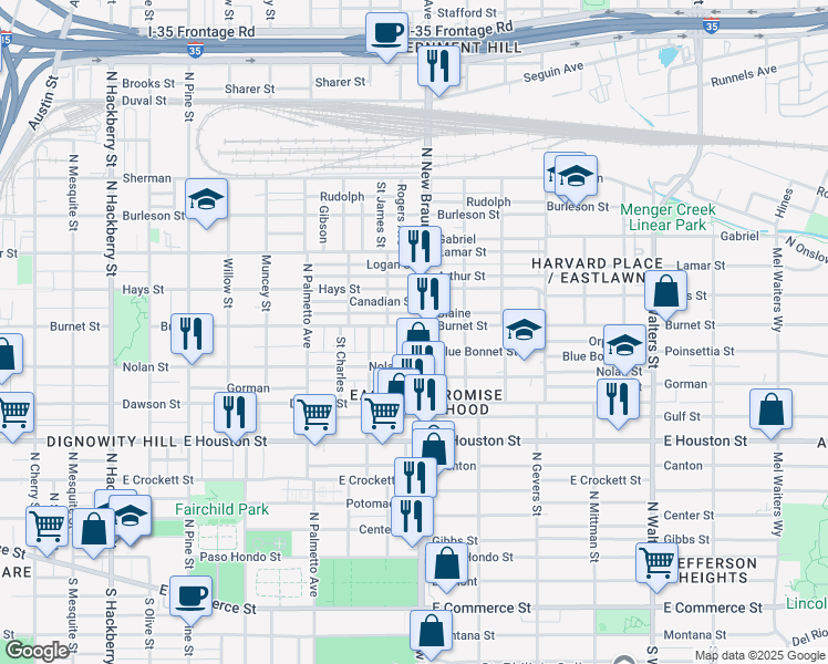 map of restaurants, bars, coffee shops, grocery stores, and more near 1418 Burnet Street in San Antonio