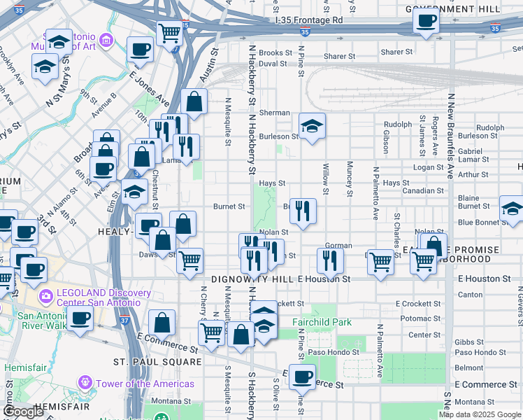 map of restaurants, bars, coffee shops, grocery stores, and more near 701 Nolan Street in San Antonio