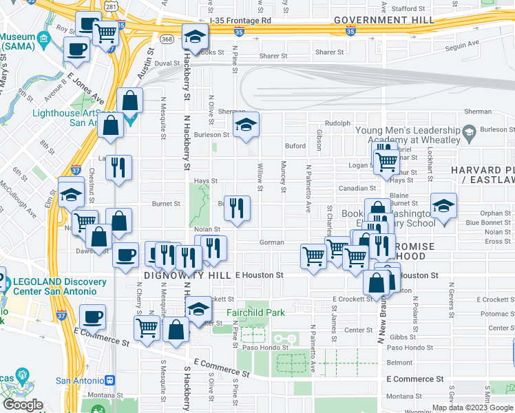map of restaurants, bars, coffee shops, grocery stores, and more near 932 Burnet Street in San Antonio