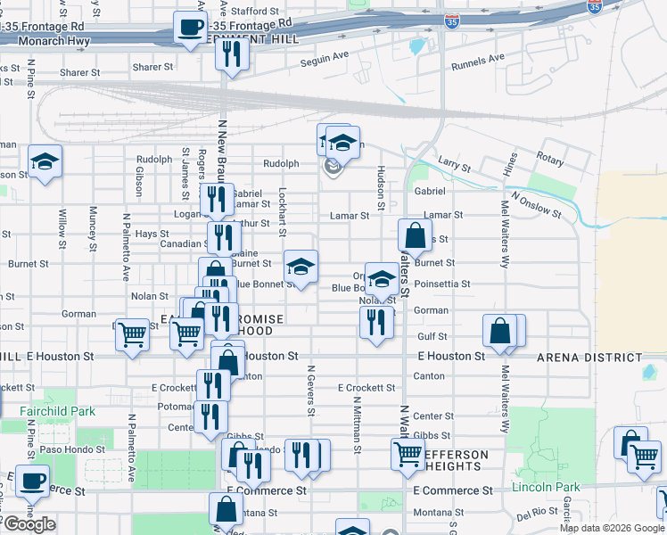 map of restaurants, bars, coffee shops, grocery stores, and more near 119 Orphan in San Antonio