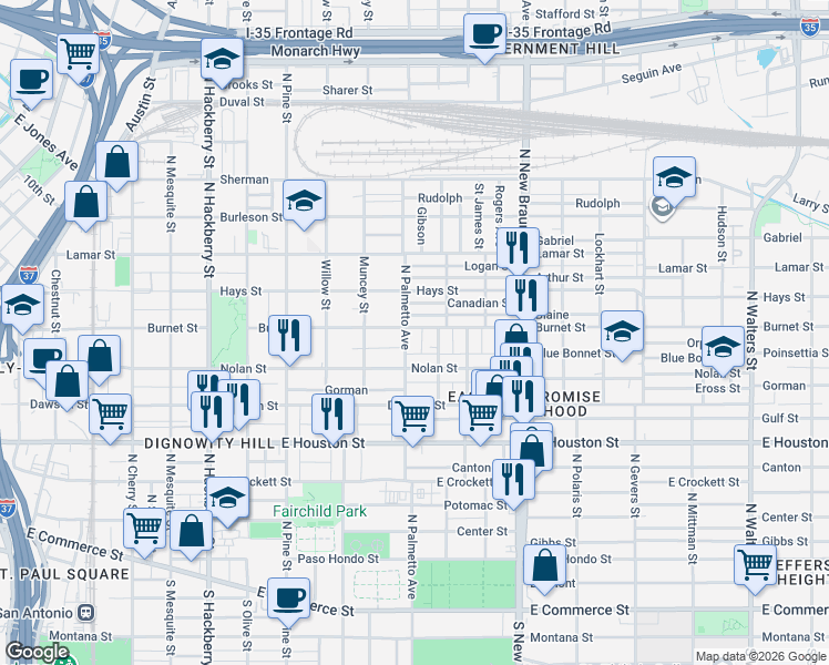 map of restaurants, bars, coffee shops, grocery stores, and more near 727 North Palmetto Avenue in San Antonio