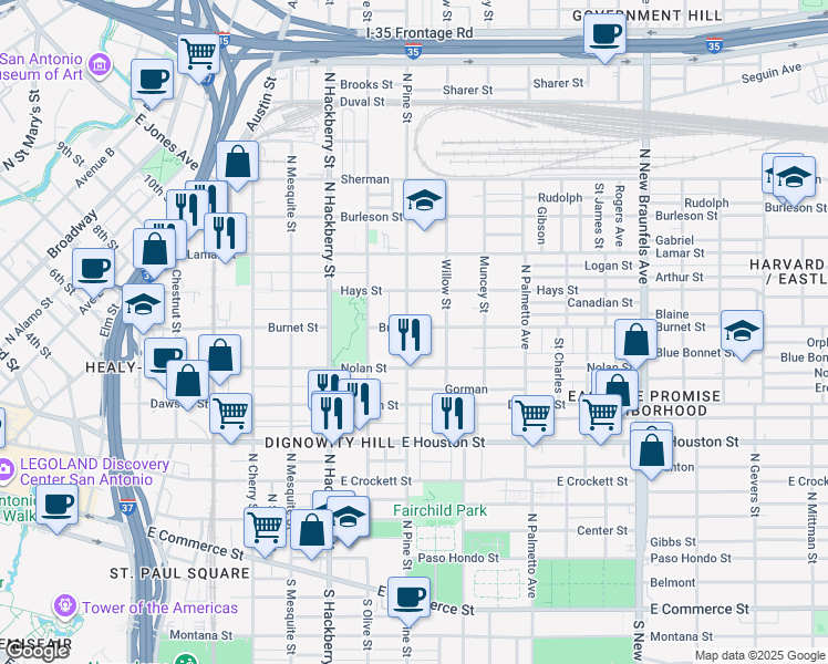 map of restaurants, bars, coffee shops, grocery stores, and more near 727 North Pine Street in San Antonio
