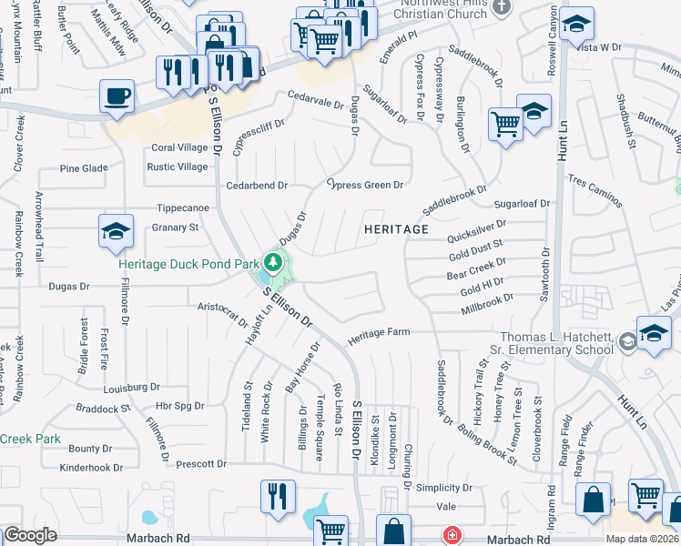 map of restaurants, bars, coffee shops, grocery stores, and more near 936 Hayloft Lane in San Antonio