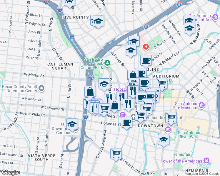 map of restaurants, bars, coffee shops, grocery stores, and more near 506 North Santa Rosa Street in San Antonio