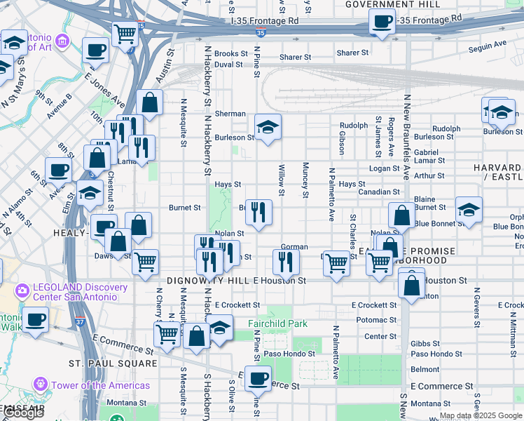 map of restaurants, bars, coffee shops, grocery stores, and more near 727 North Pine Street in San Antonio