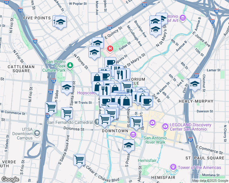 map of restaurants, bars, coffee shops, grocery stores, and more near 152 East Pecan Street in San Antonio
