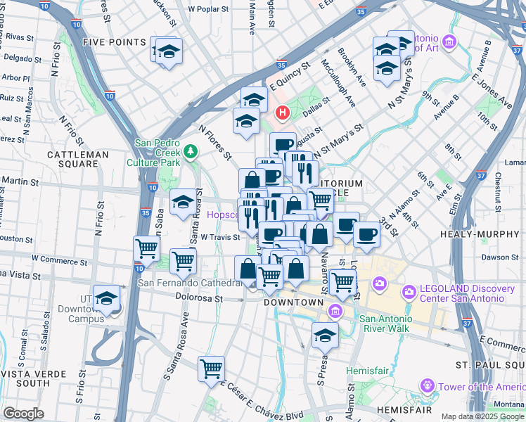 map of restaurants, bars, coffee shops, grocery stores, and more near in San Antonio