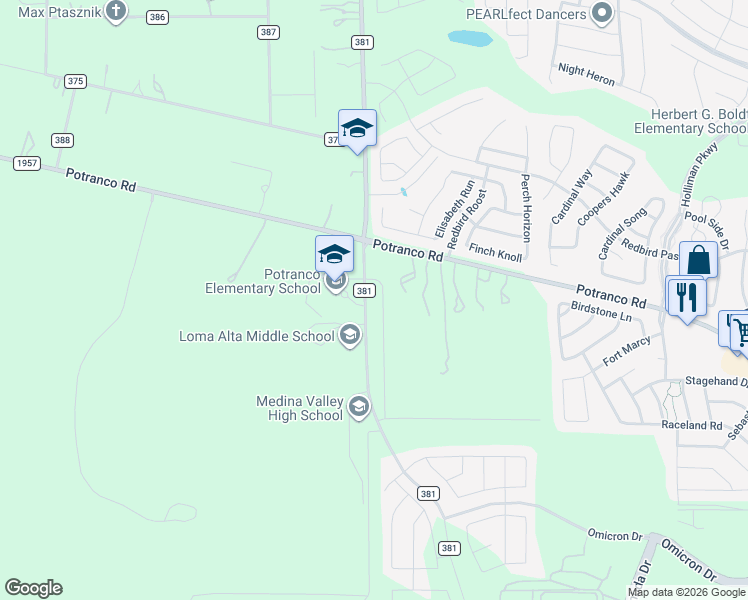 map of restaurants, bars, coffee shops, grocery stores, and more near 15574-15598 Potranco Road in San Antonio