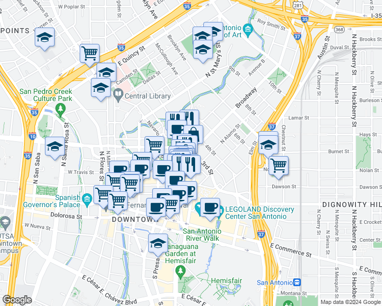 map of restaurants, bars, coffee shops, grocery stores, and more near 281 Broadway Street in San Antonio