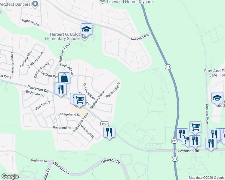 map of restaurants, bars, coffee shops, grocery stores, and more near 510 Redbird Song in San Antonio