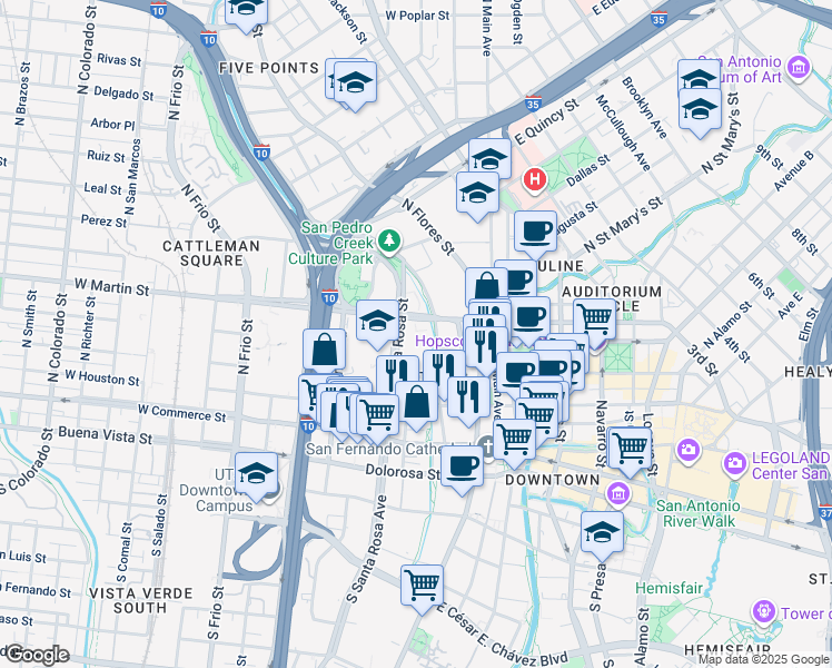 map of restaurants, bars, coffee shops, grocery stores, and more near 500 North Santa Rosa Street in San Antonio