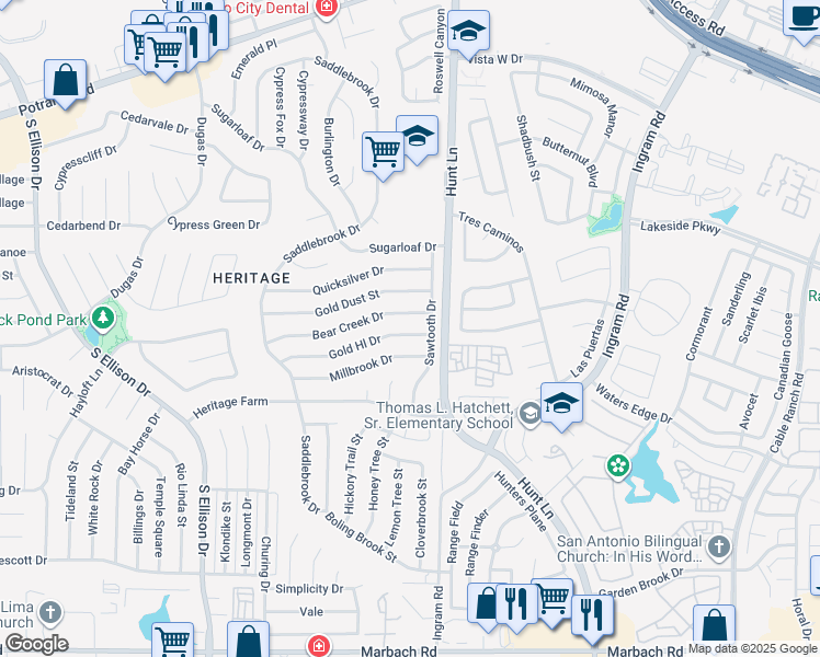 map of restaurants, bars, coffee shops, grocery stores, and more near 9406 Gold Hill in San Antonio