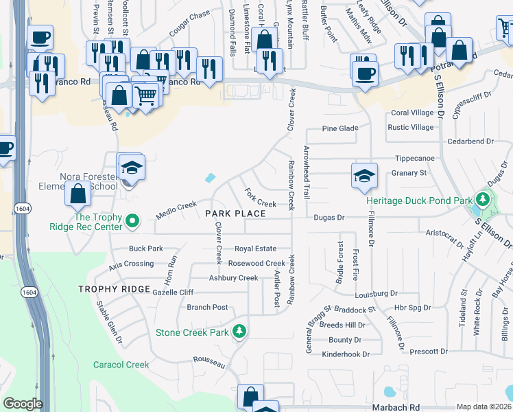 map of restaurants, bars, coffee shops, grocery stores, and more near 10402 Fork Creek in San Antonio