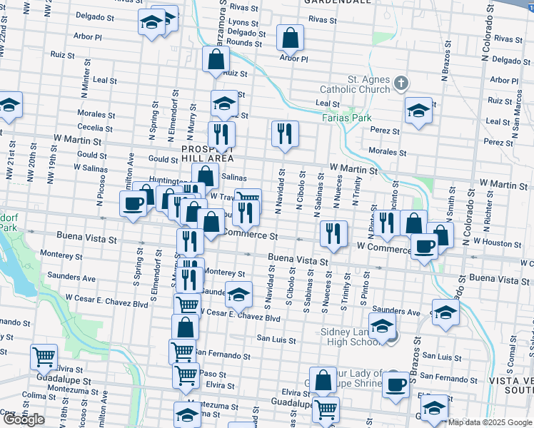 map of restaurants, bars, coffee shops, grocery stores, and more near 2522 West Houston Street in San Antonio