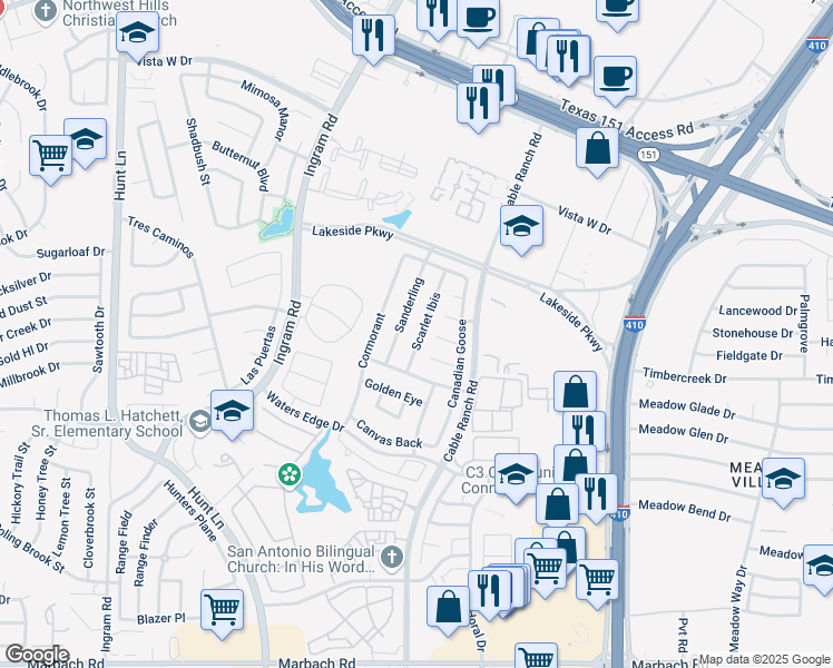 map of restaurants, bars, coffee shops, grocery stores, and more near 710 Sanderling in San Antonio
