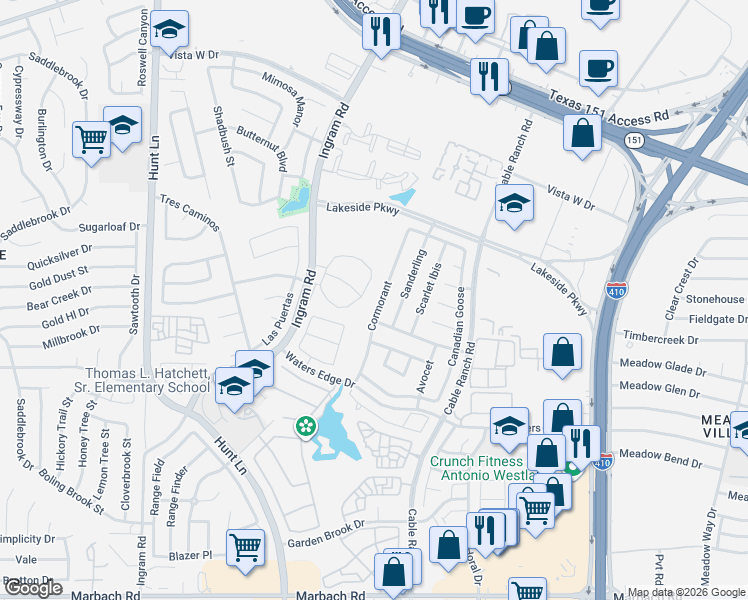map of restaurants, bars, coffee shops, grocery stores, and more near 735 Cormorant in San Antonio