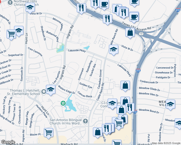 map of restaurants, bars, coffee shops, grocery stores, and more near 710 Sanderling in San Antonio