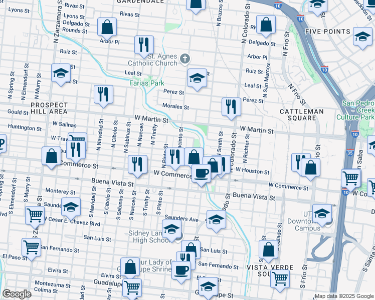 map of restaurants, bars, coffee shops, grocery stores, and more near 218 North Las Moras Street in San Antonio