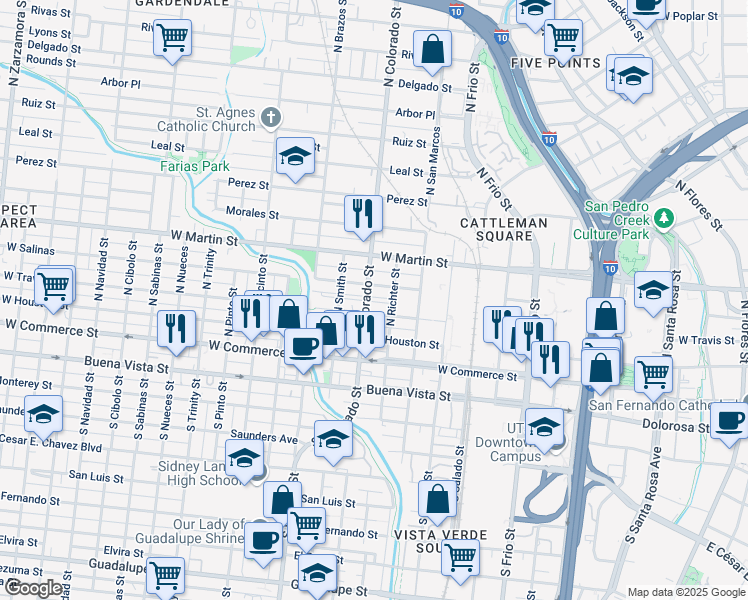 map of restaurants, bars, coffee shops, grocery stores, and more near 1503 West Travis Street in San Antonio