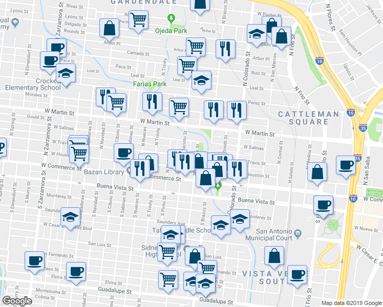 map of restaurants, bars, coffee shops, grocery stores, and more near 218 North Las Moras Street in San Antonio