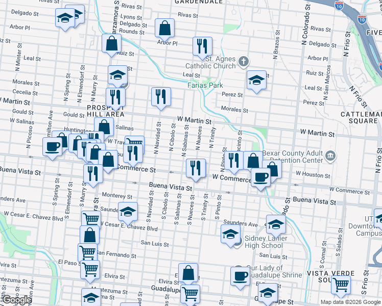 map of restaurants, bars, coffee shops, grocery stores, and more near 2303 West Houston Street in San Antonio