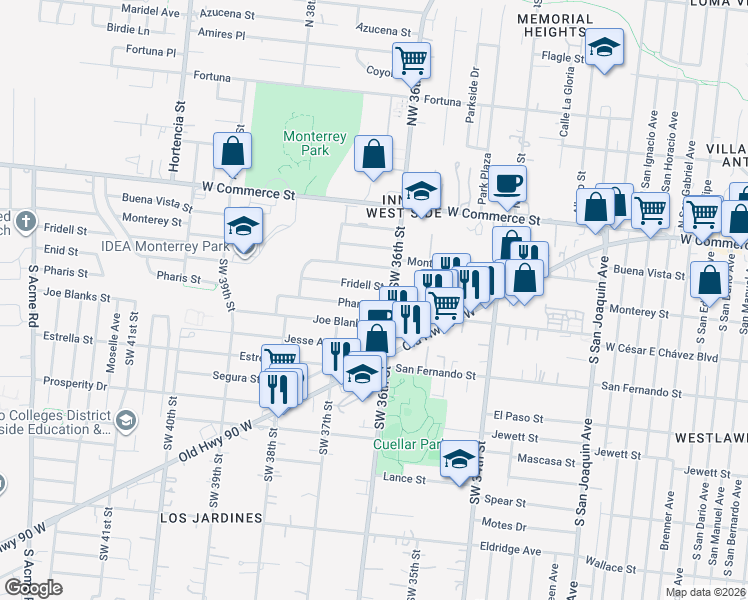 map of restaurants, bars, coffee shops, grocery stores, and more near 303 Southwest 36th Street in San Antonio