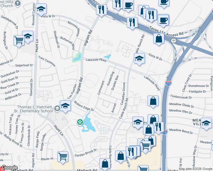map of restaurants, bars, coffee shops, grocery stores, and more near 710 Sanderling in San Antonio