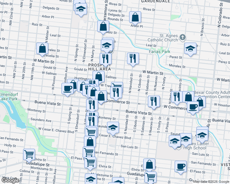 map of restaurants, bars, coffee shops, grocery stores, and more near 108 North Calaveras in San Antonio