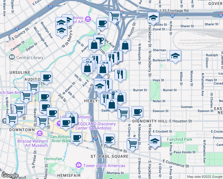 map of restaurants, bars, coffee shops, grocery stores, and more near 228 Burnet Street in San Antonio