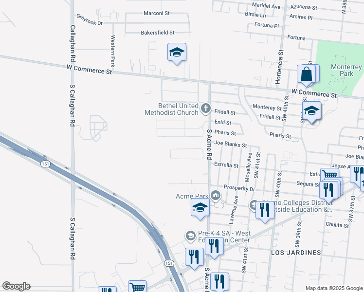 map of restaurants, bars, coffee shops, grocery stores, and more near 4230 Volcano Way in San Antonio