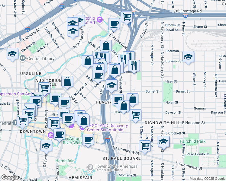 map of restaurants, bars, coffee shops, grocery stores, and more near 206 Burnet Street in San Antonio