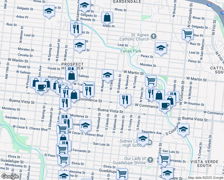 map of restaurants, bars, coffee shops, grocery stores, and more near 2410 West Houston Street in San Antonio