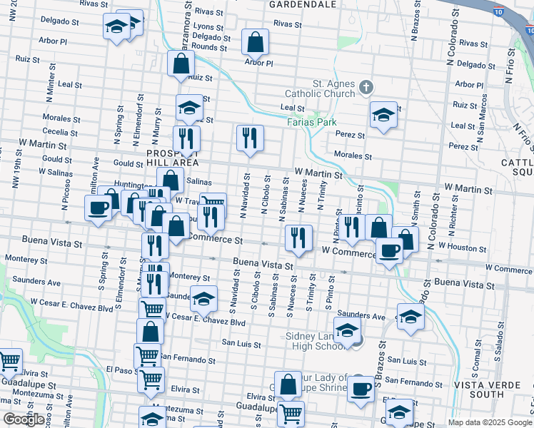 map of restaurants, bars, coffee shops, grocery stores, and more near 2410 West Houston Street in San Antonio