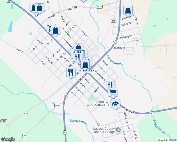 map of restaurants, bars, coffee shops, grocery stores, and more near in Shiner