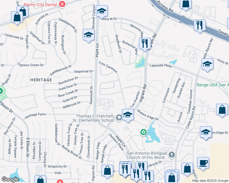 map of restaurants, bars, coffee shops, grocery stores, and more near 9206 Centro Grande in San Antonio