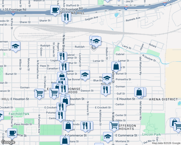 map of restaurants, bars, coffee shops, grocery stores, and more near 331 Blue Bonnet Street in San Antonio