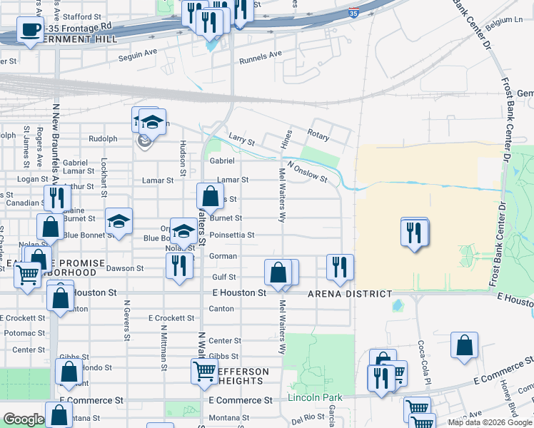 map of restaurants, bars, coffee shops, grocery stores, and more near 939 Poinsettia Street in San Antonio