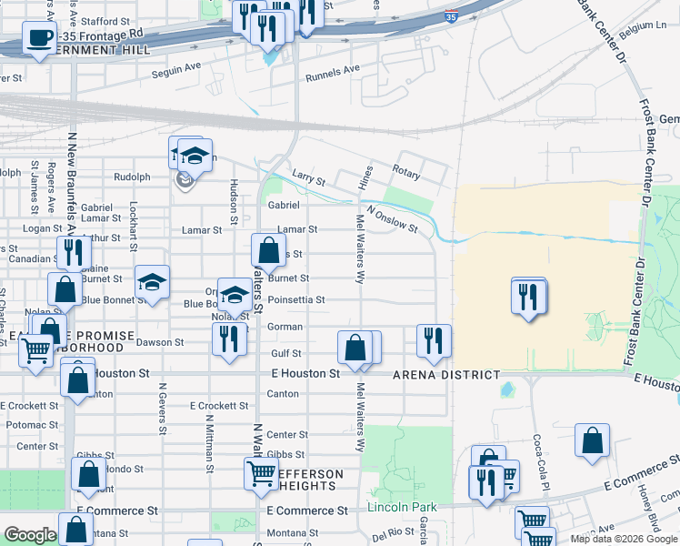 map of restaurants, bars, coffee shops, grocery stores, and more near 939 Poinsettia Street in San Antonio