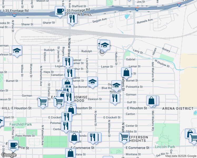 map of restaurants, bars, coffee shops, grocery stores, and more near 331 Blue Bonnet Street in San Antonio